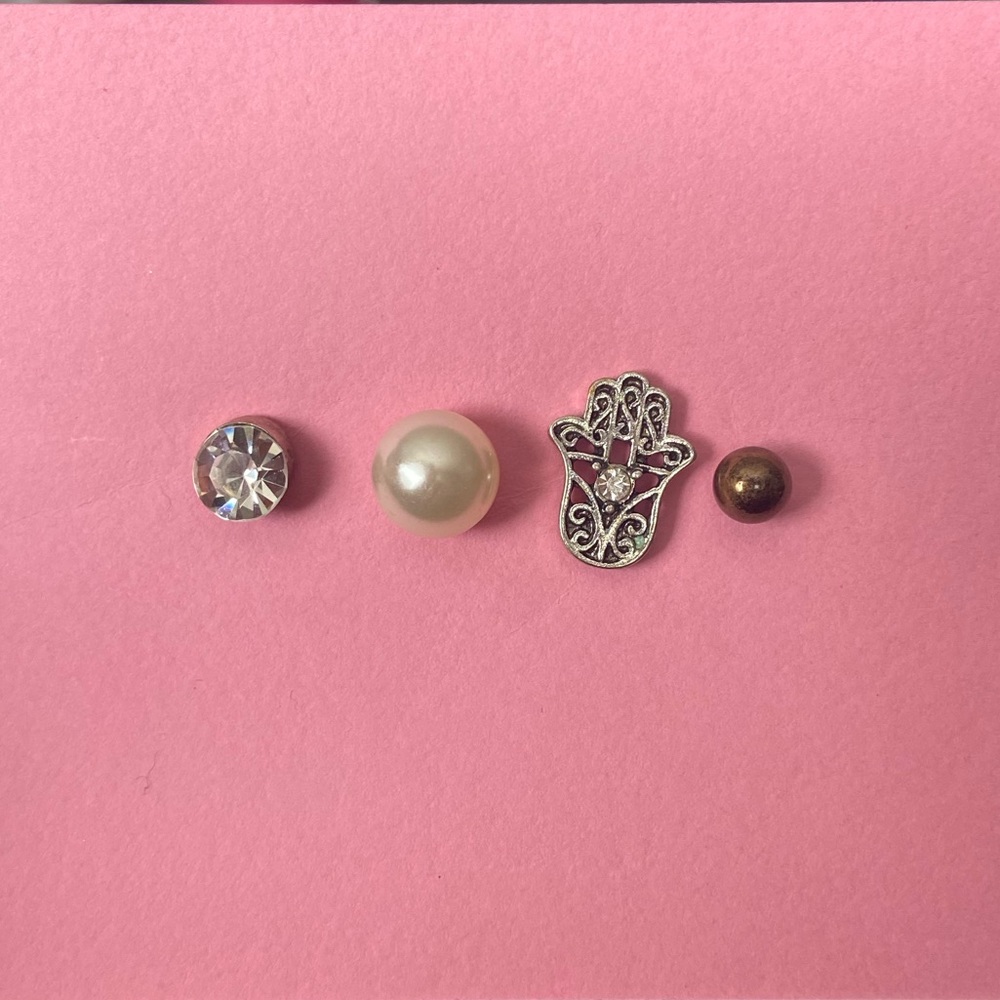 Hamsa, Diamond, Pearl Earring Stud Set